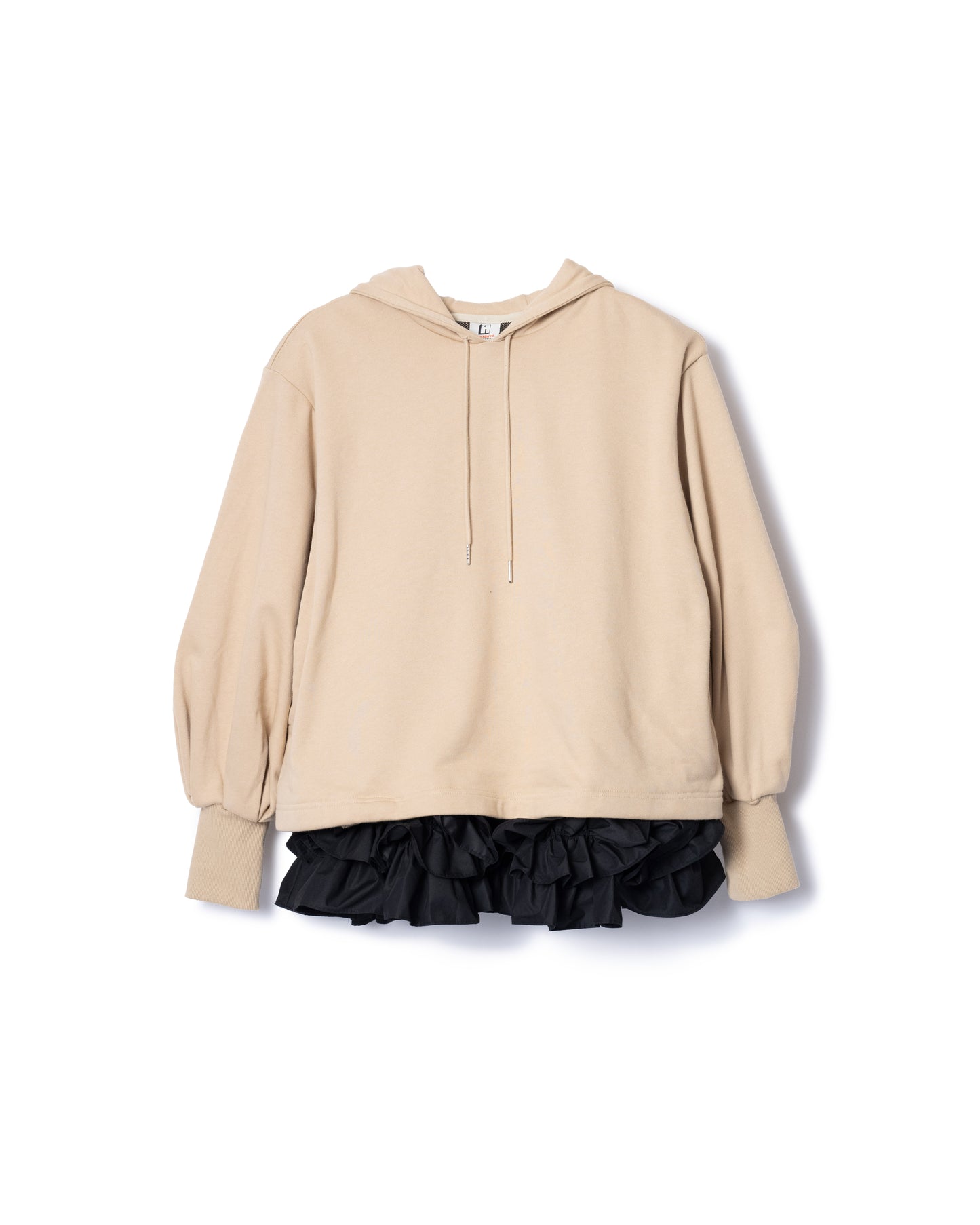 PRE ORDER / FRILL HEM SWEAT HOODIE (BEIGE x BLACK)