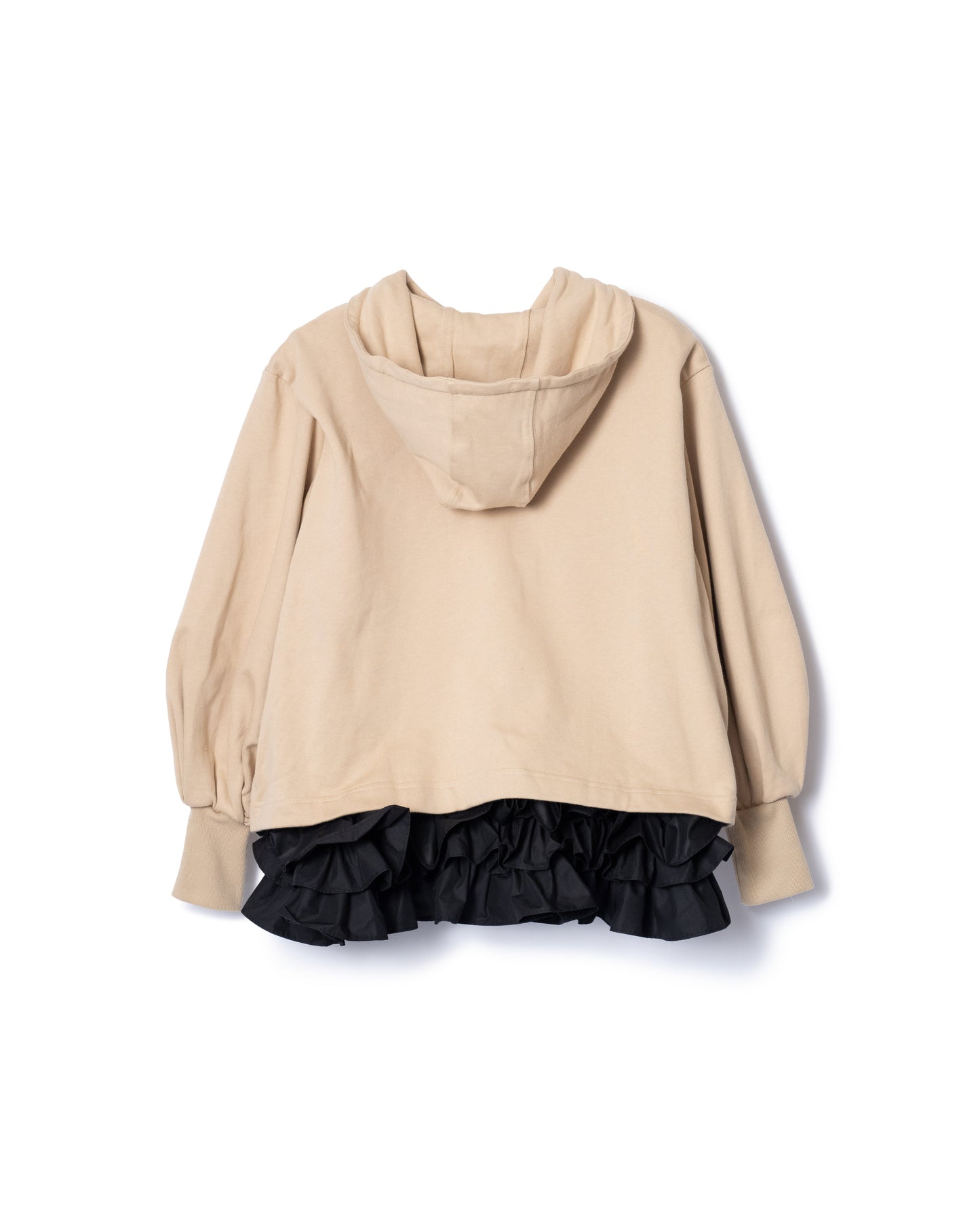 PRE ORDER / FRILL HEM SWEAT HOODIE (BEIGE x BLACK)