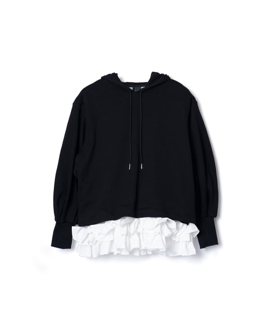 PRE ORDER / FRILL HEM SWEAT HOODIE (BLACK x WHITE)