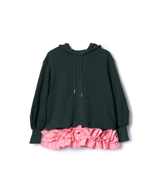 FRILL HEM SWEAT HOODIE (GREEN x PINK)