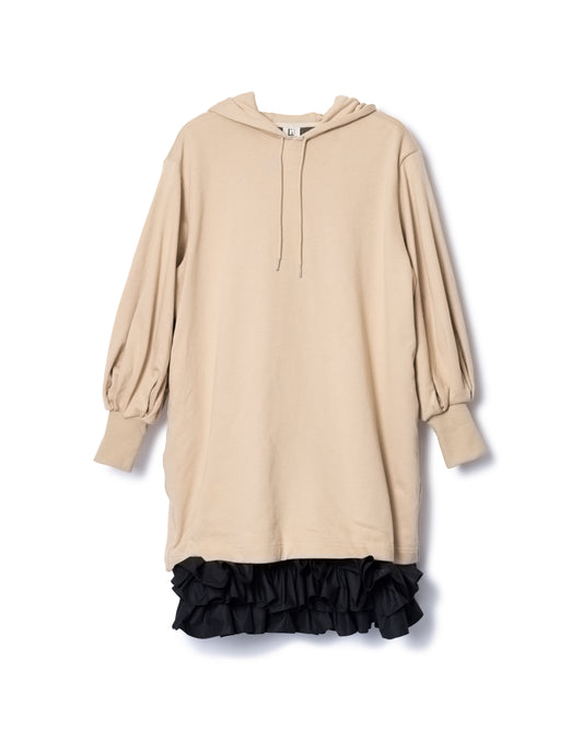 PRE ORDER / FRILL HEM SWEAT ONE-PIECE (BEIGE x BLACK)