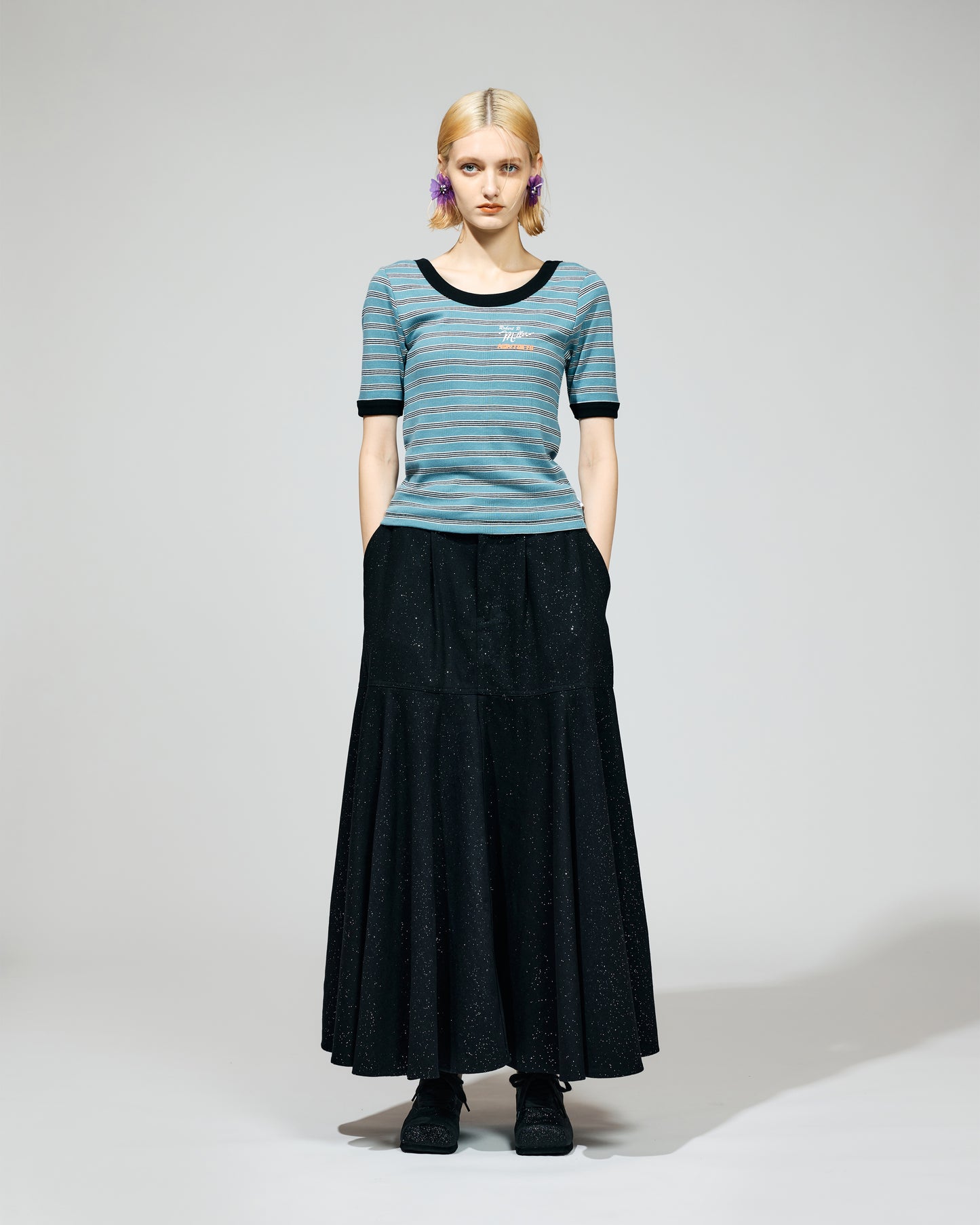 LAME DENIM FLARE SKIRT (BLACK)