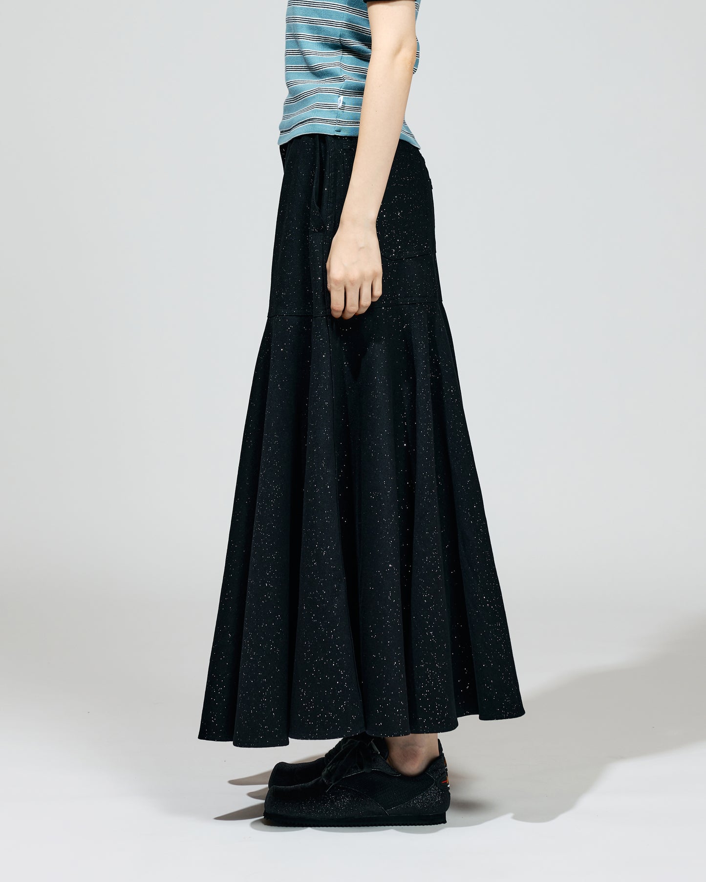 PRE ORDER / LAME DENIM FLARE SKIRT (BLACK)