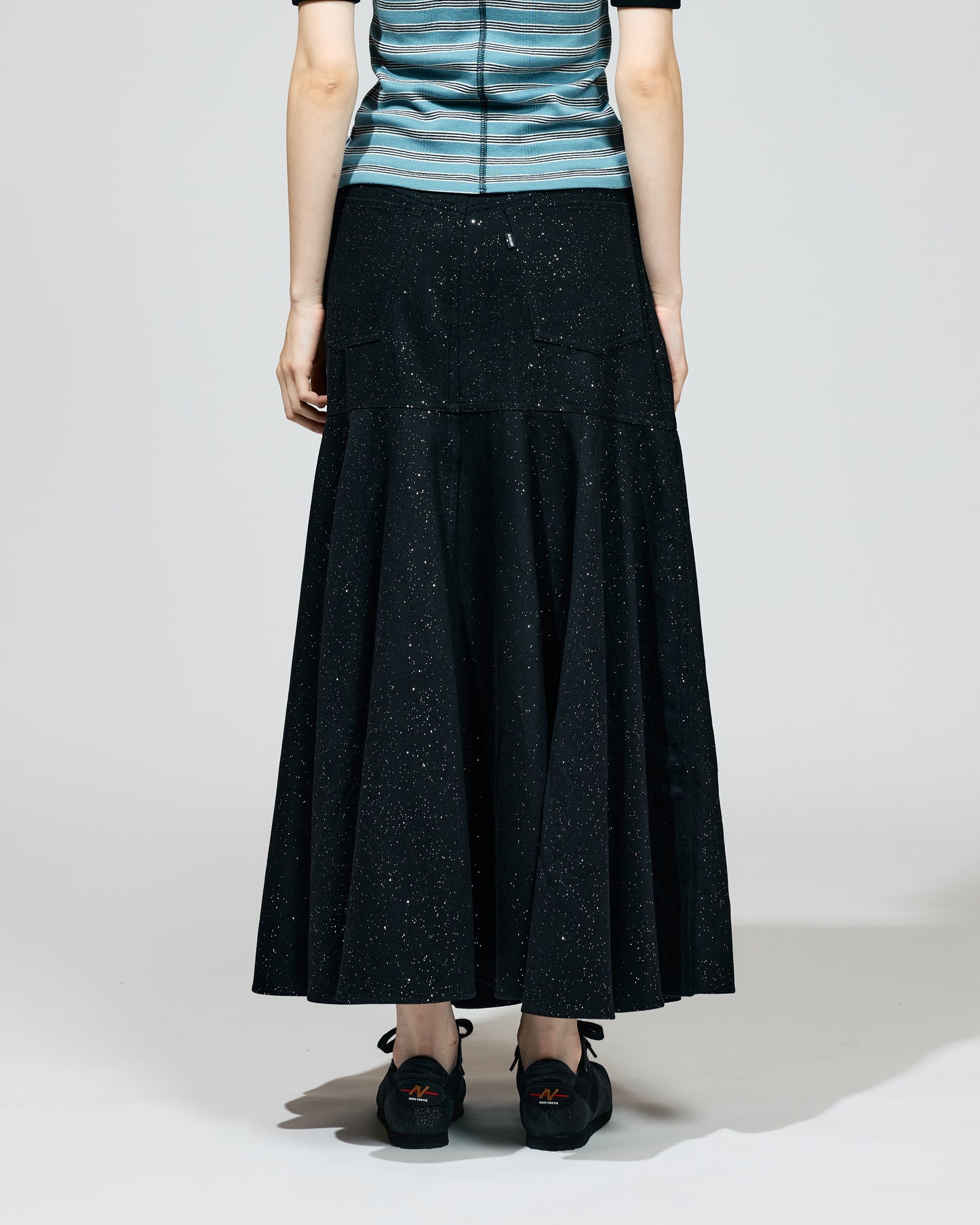 LAME DENIM FLARE SKIRT (BLACK)