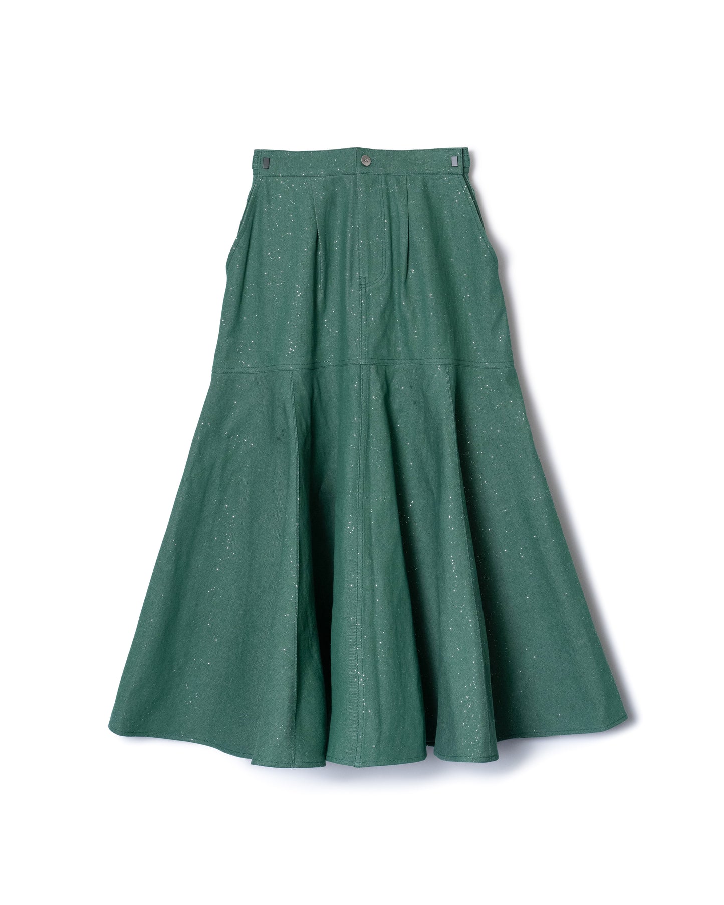 PRE ORDER / LAME DENIM FLARE SKIRT (GREEN)