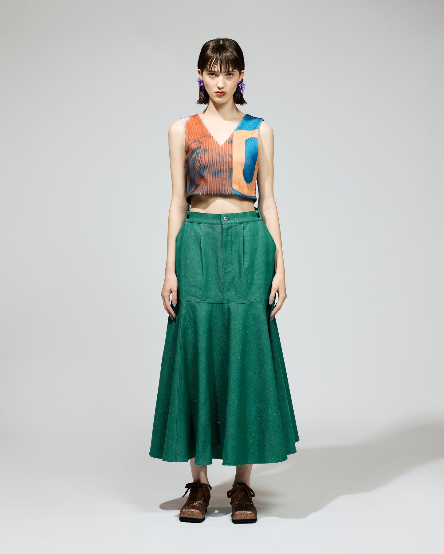 LAME DENIM FLARE SKIRT (GREEN)