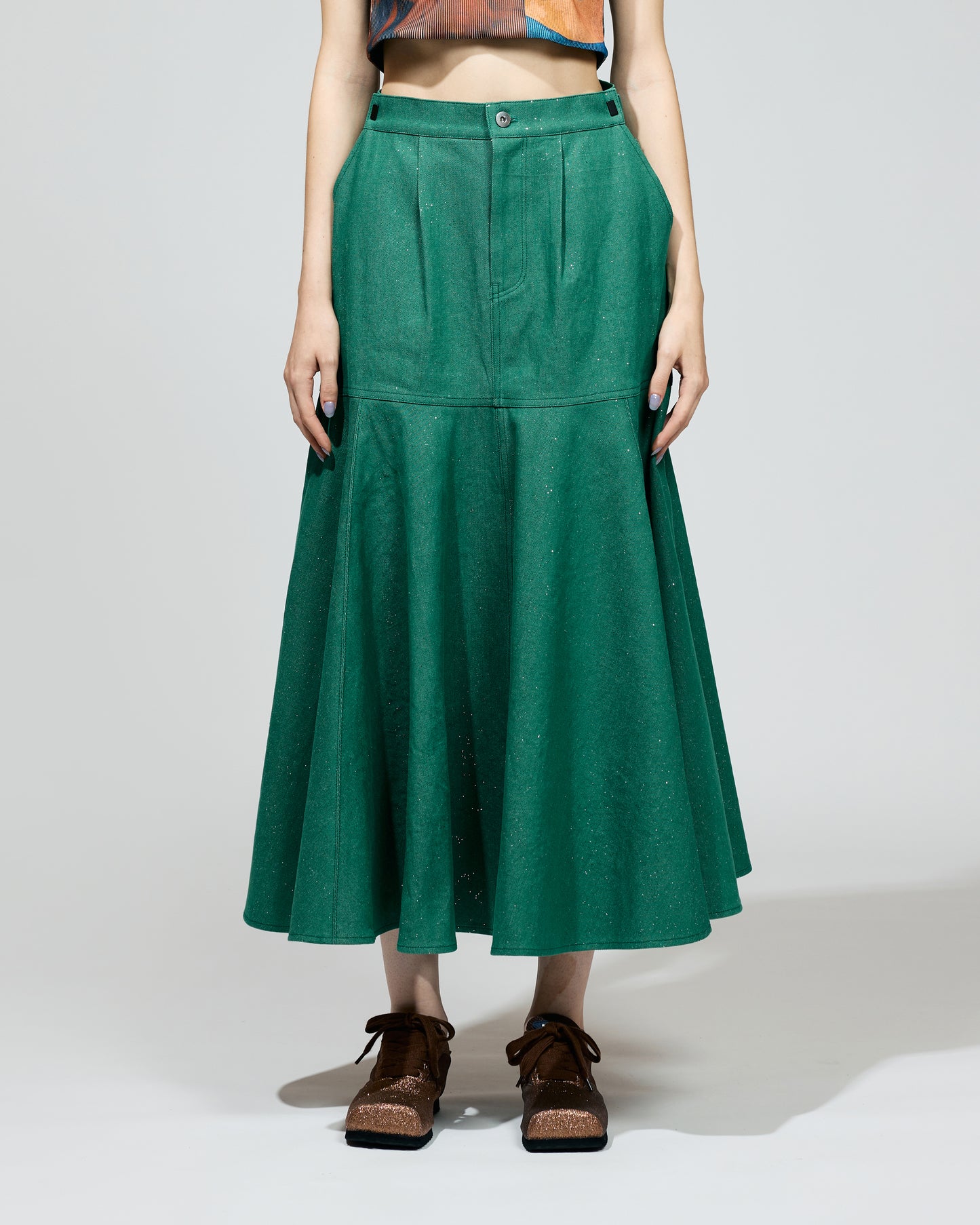 LAME DENIM FLARE SKIRT (GREEN)