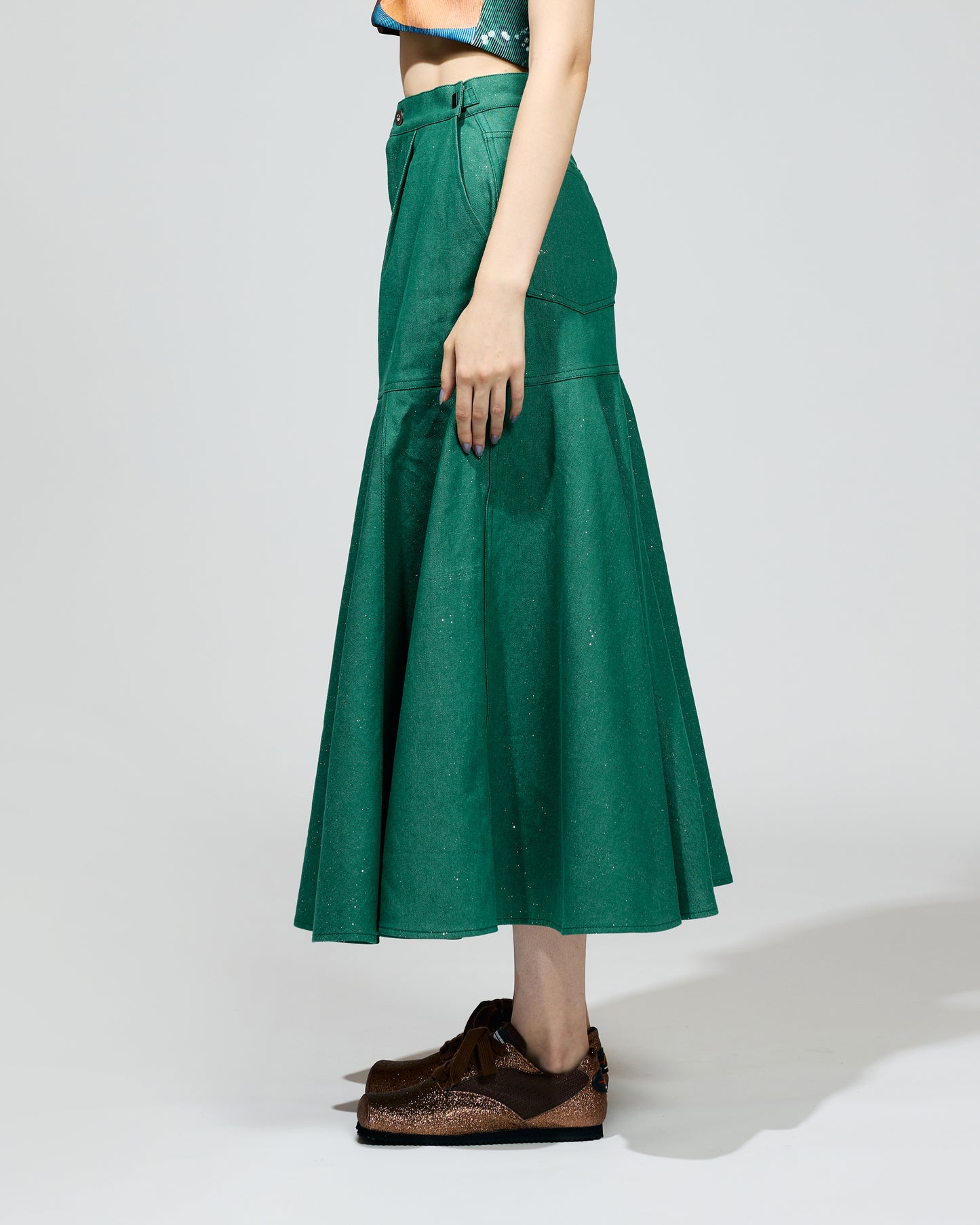 PRE ORDER / LAME DENIM FLARE SKIRT (GREEN)