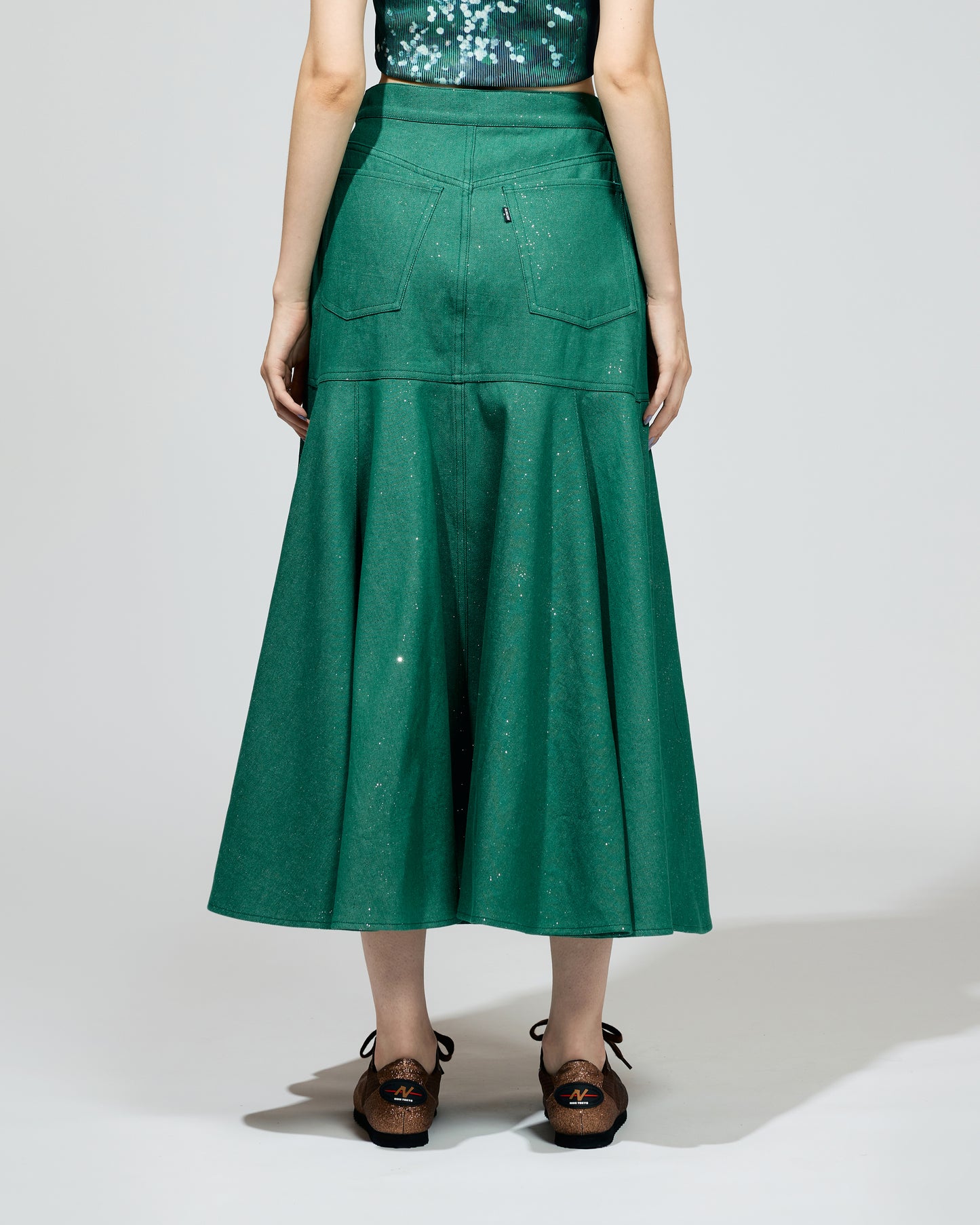 LAME DENIM FLARE SKIRT (GREEN)