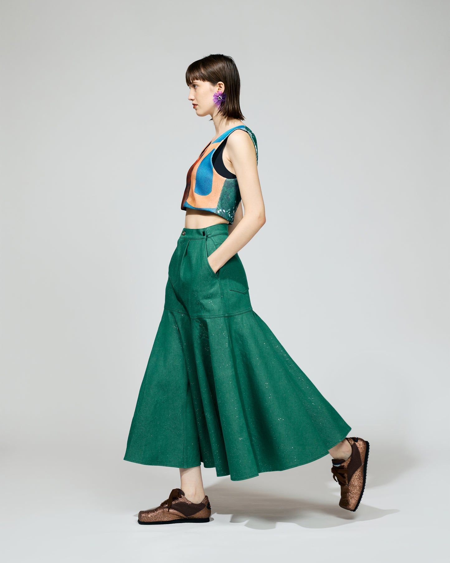 PRE ORDER / LAME DENIM FLARE SKIRT (GREEN)