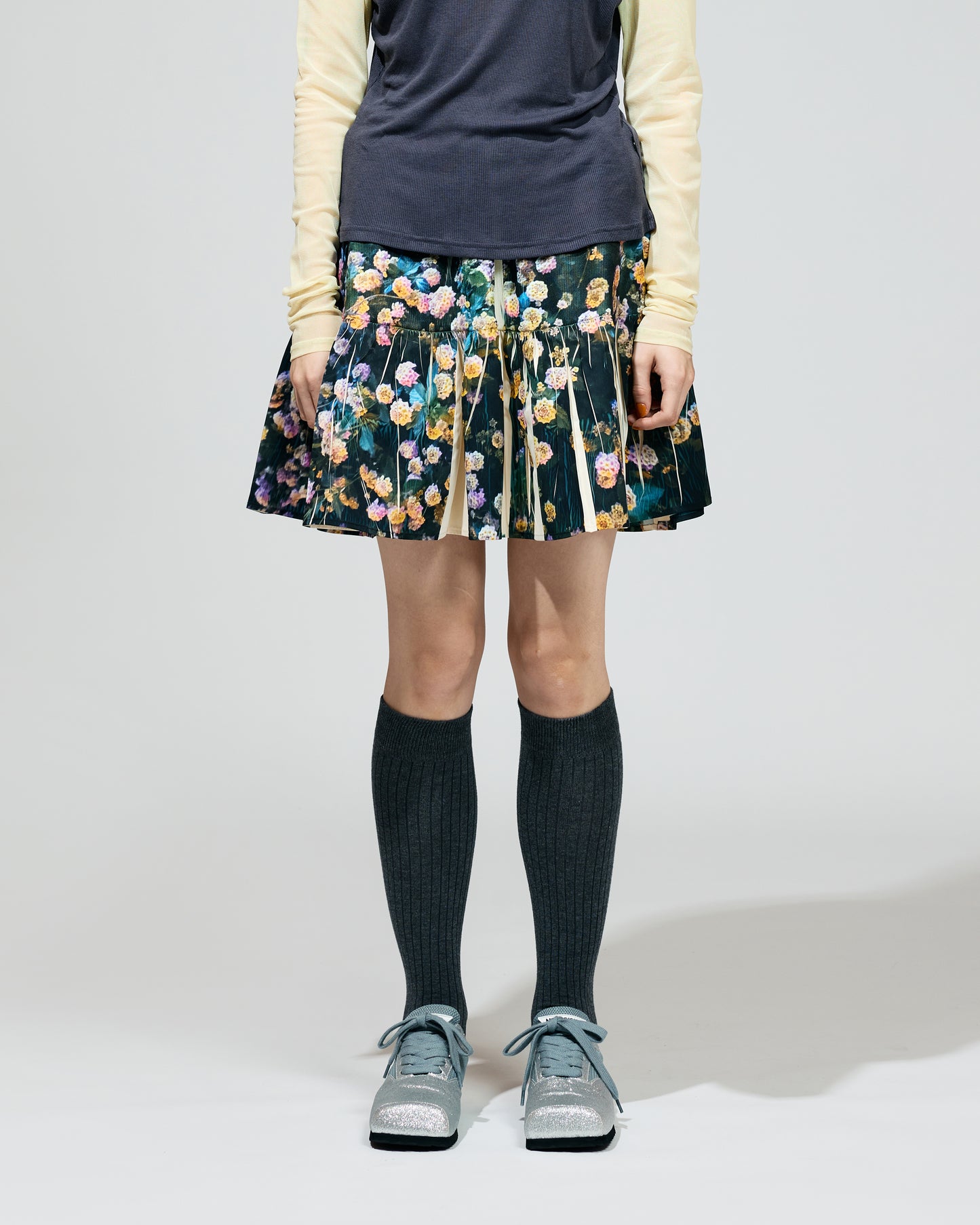 PRE ORDER / DIRECT PRINT RIB GATHER MINI SKIRT (FLOWER)