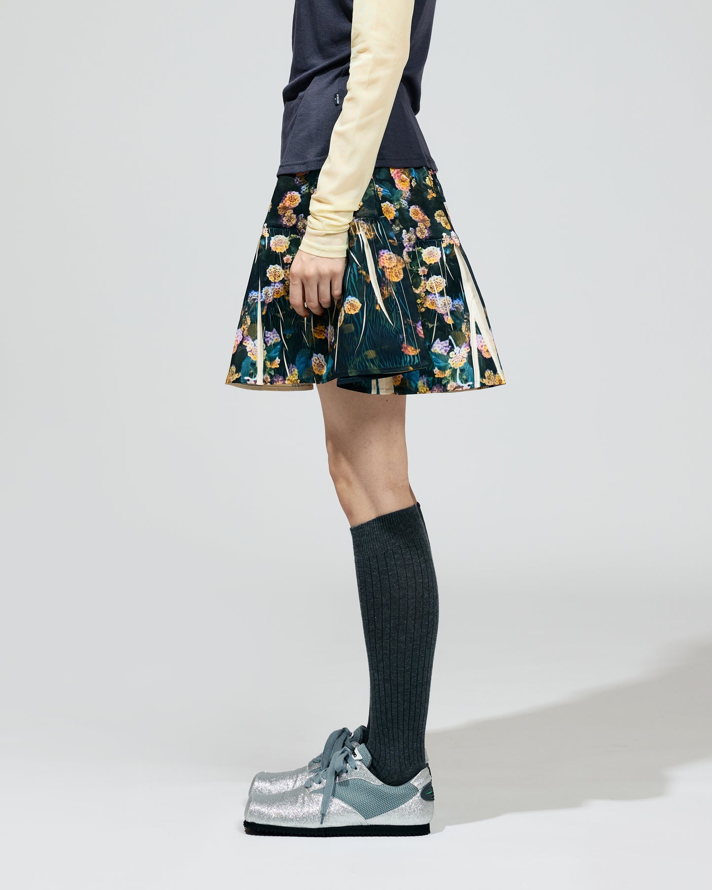 PRE ORDER / DIRECT PRINT RIB GATHER MINI SKIRT (FLOWER)