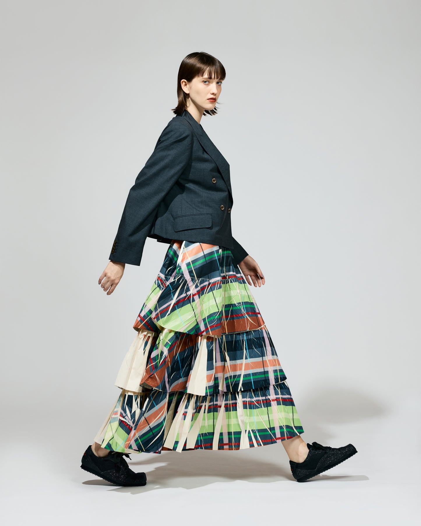 PRE ORDER / DIRECT PRINT RIB GATHER LONG SKIRT (CHECK)