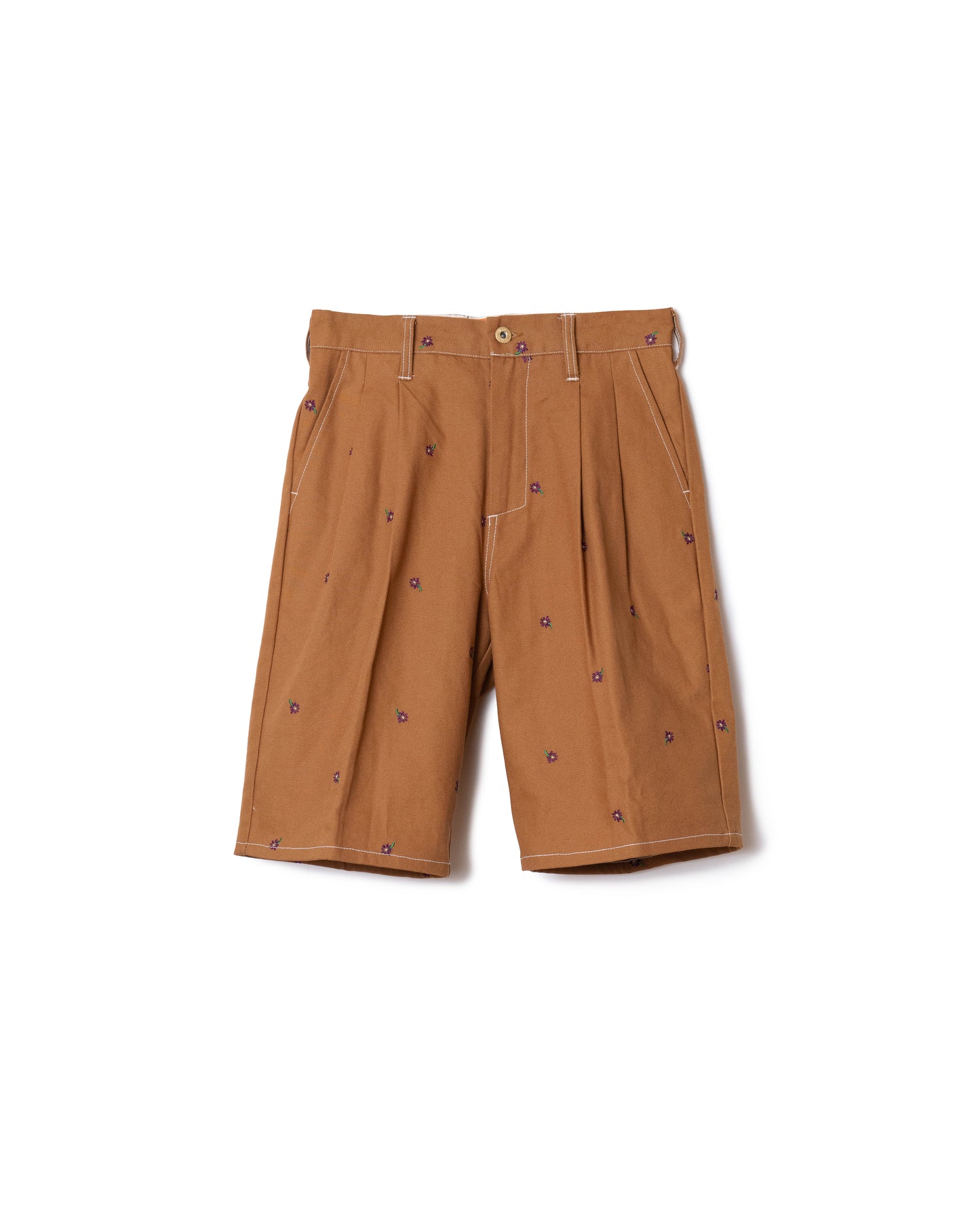 FLOWER EMBROIDERY TUCK SHORTS feat.UNIVERSAL OVERALL (CAMEL)