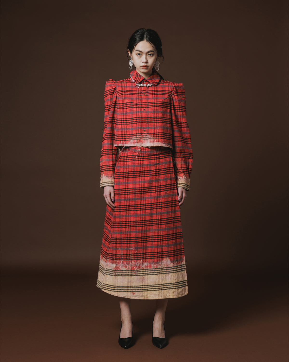 CHECK BLEACH SKIRT (RED)