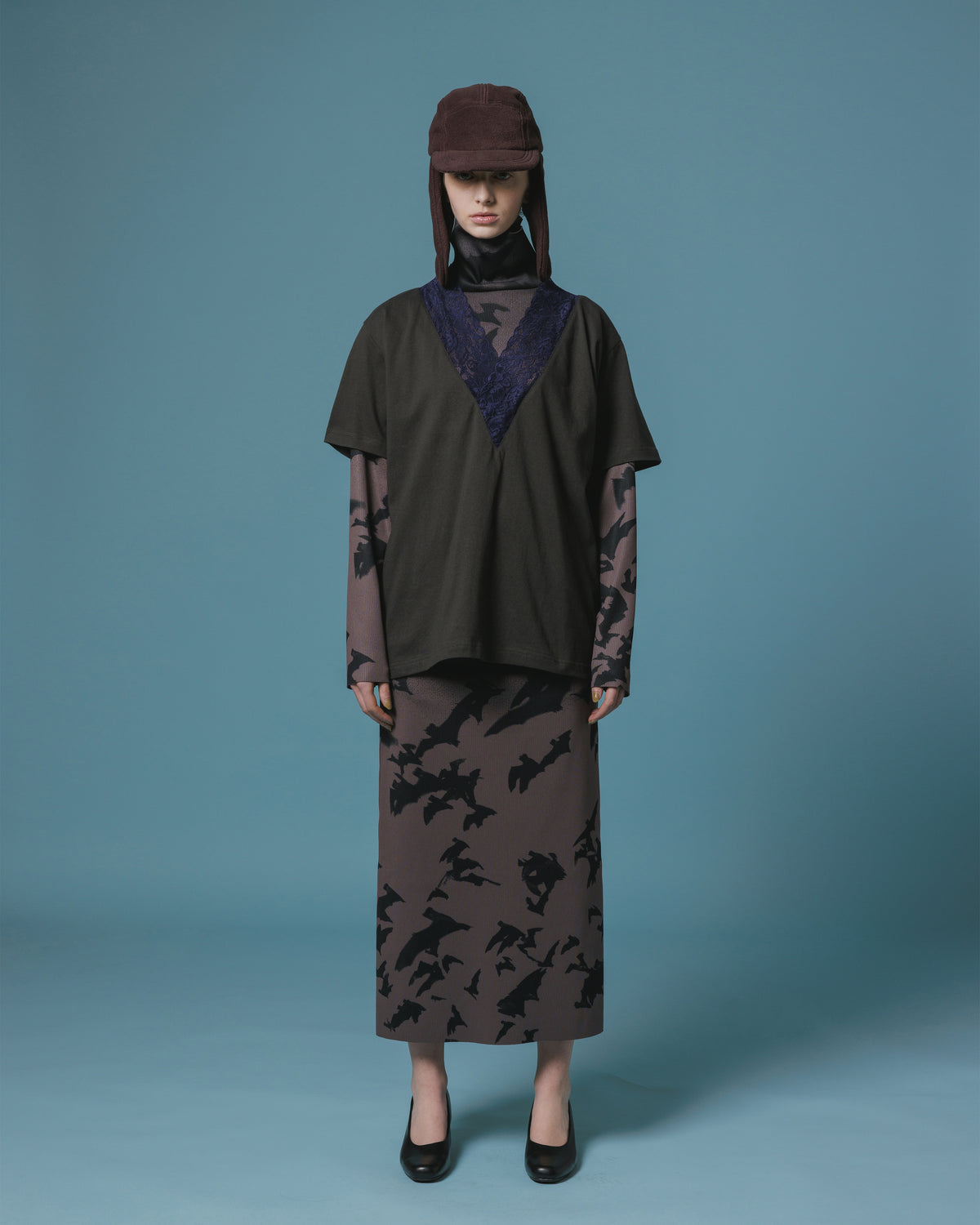 PRINT RIB L/S ONE-PIECE (CHACOAL)