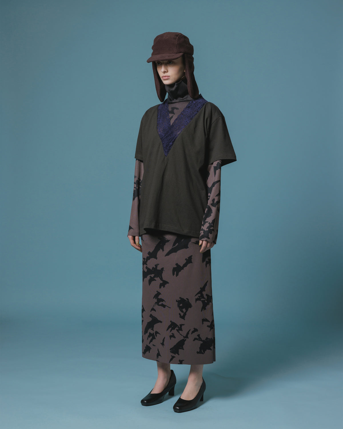 PRINT RIB L/S ONE-PIECE (CHACOAL)