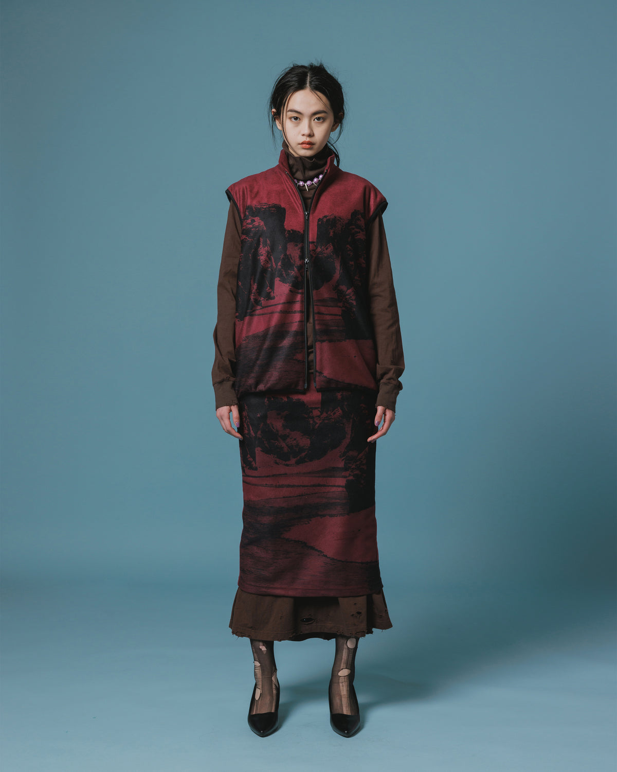 PRINT FLEECE VEST (WINE)