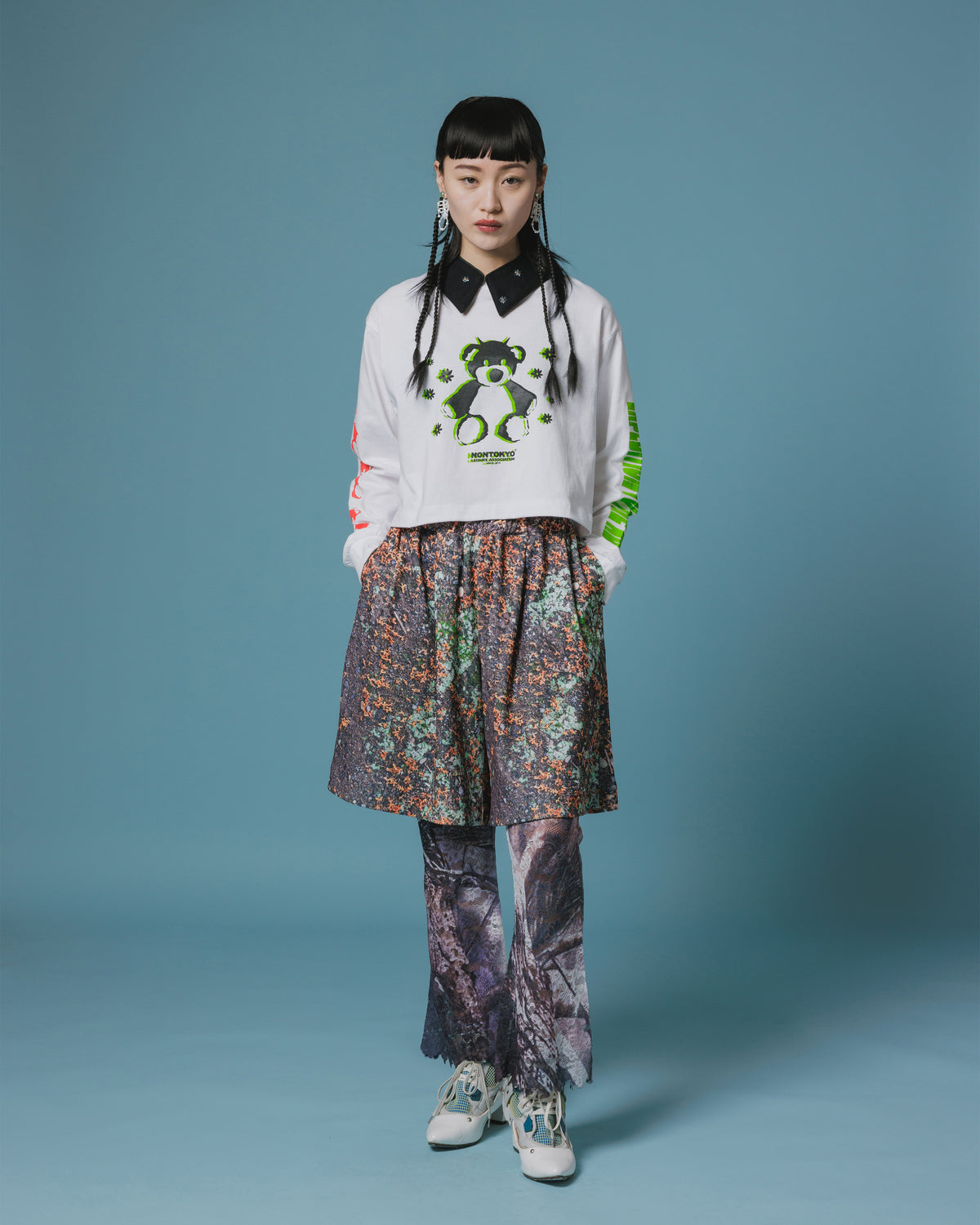 PRINT L/S SHORT T-SHIRT / BEAR (WHITE)