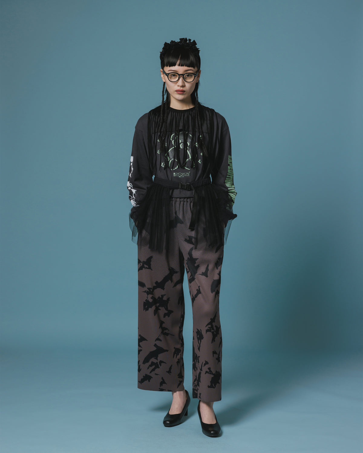 PRINT RIB WIDE PANTS (CHARCOAL)