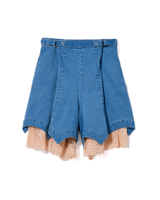 BATWING HEM DENIM & LACE SHORTS (BLUE)